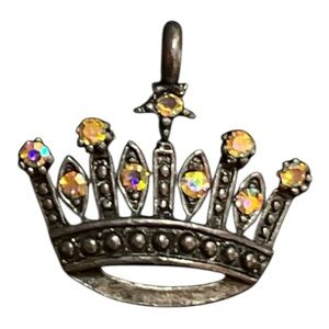 Crown Pendant Charm with Aurora Borealis Stones - Silver Tone